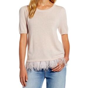 Halogen Short Sleeve Ostrich Feather Hem Sweater Light Baby Pink Size S